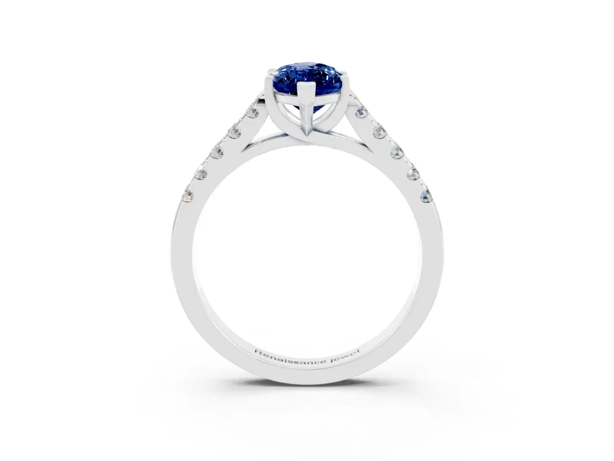 Marquise Cut Blue Sapphire Pavé Band Solitaire Ring with Prong Setting Silver
