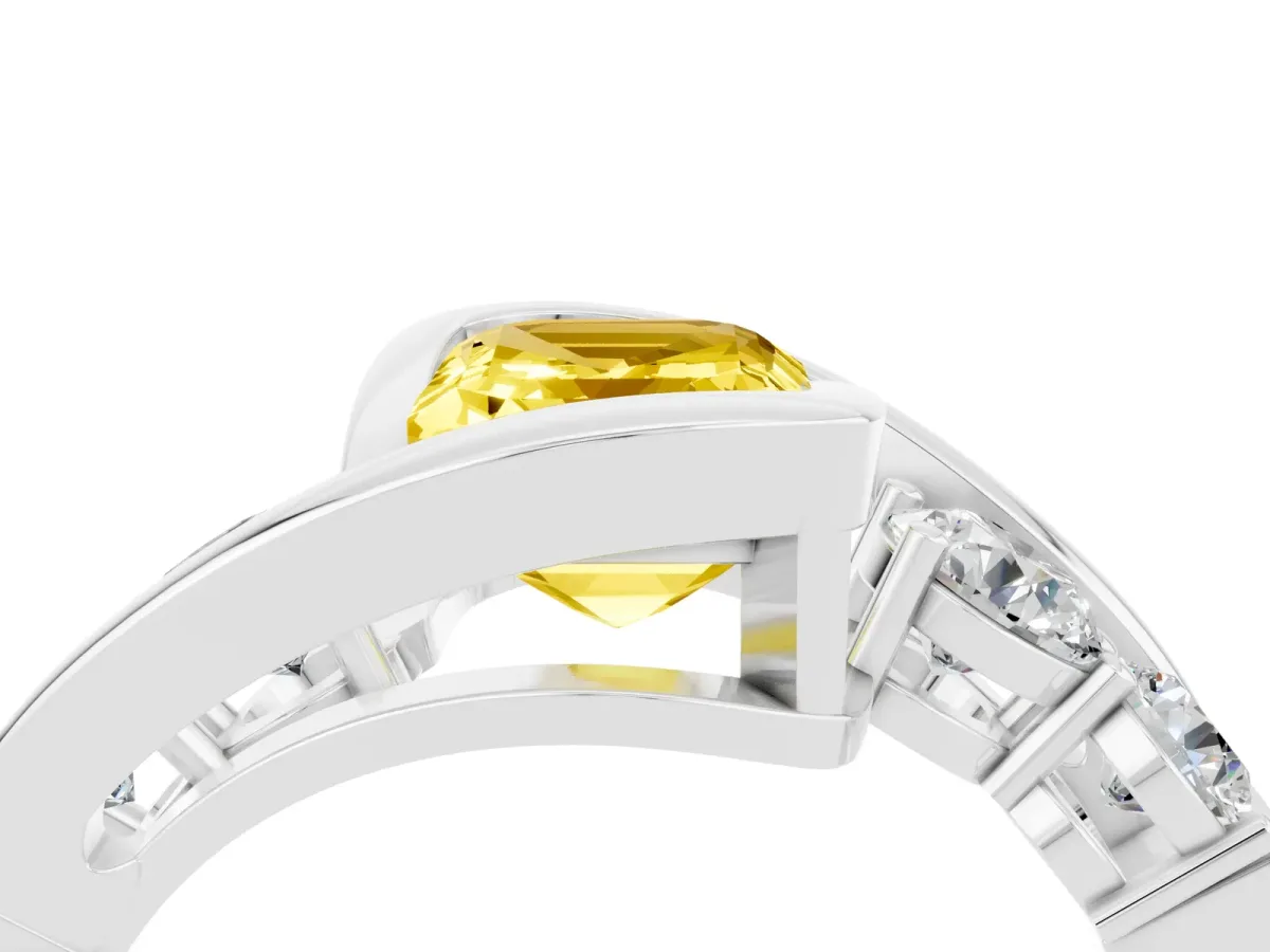 Bezel Set Emerald Cut Yellow Sapphire Bypass Ring with Round Accents Platinum