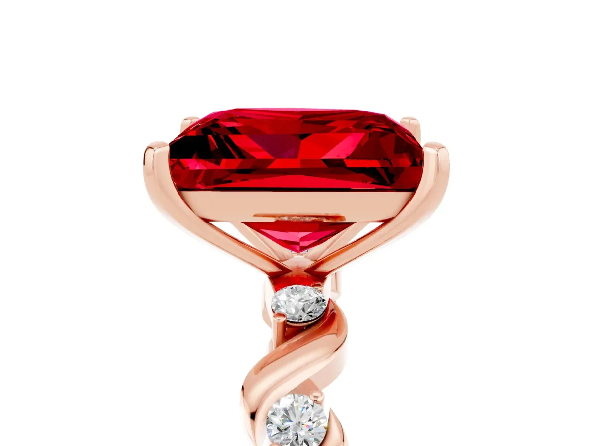 Princess Cut Ruby Solitaire Twisted Band with Round Accents and Prong Setting Rose gold
