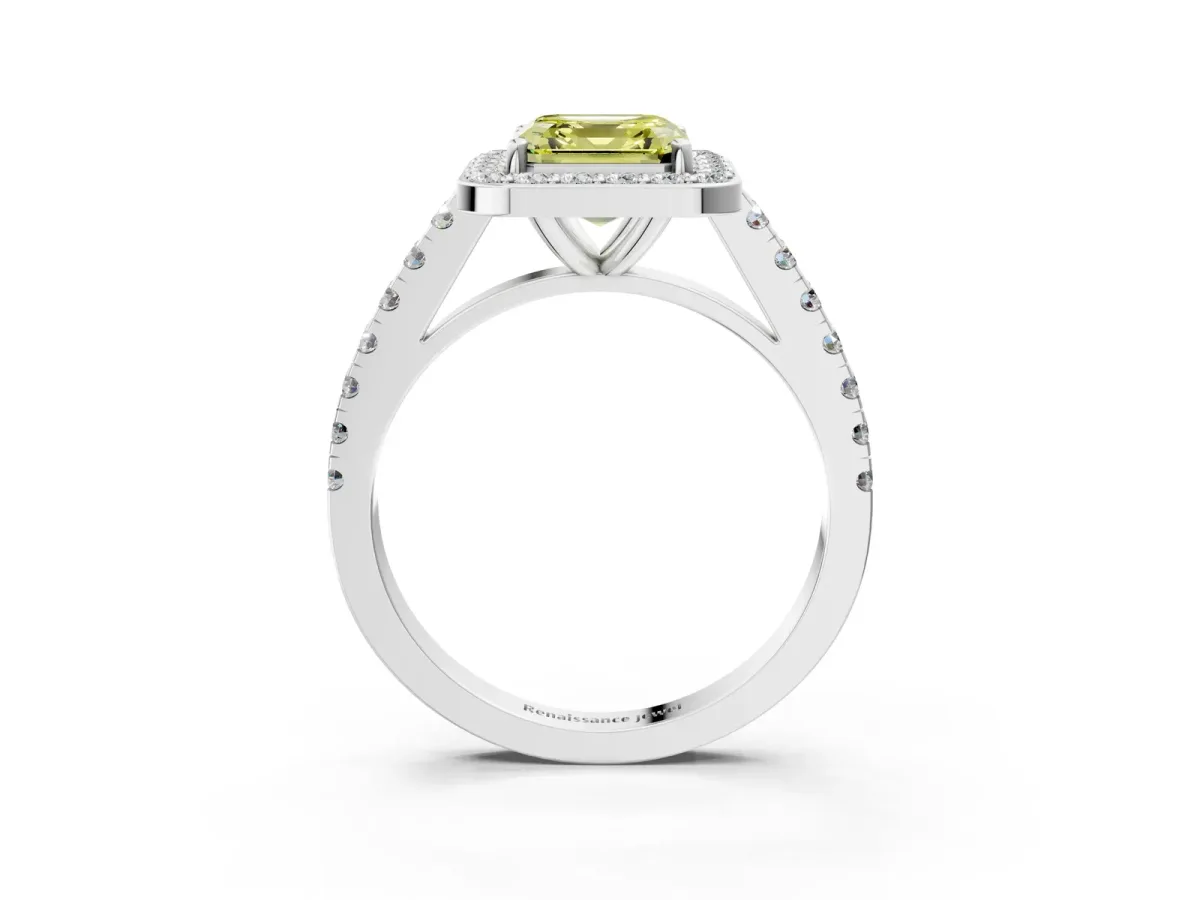 Fancy Yellow Asscher Cut Diamond Halo Ring with Round Pavé Split Shank and Prong Setting Platinum