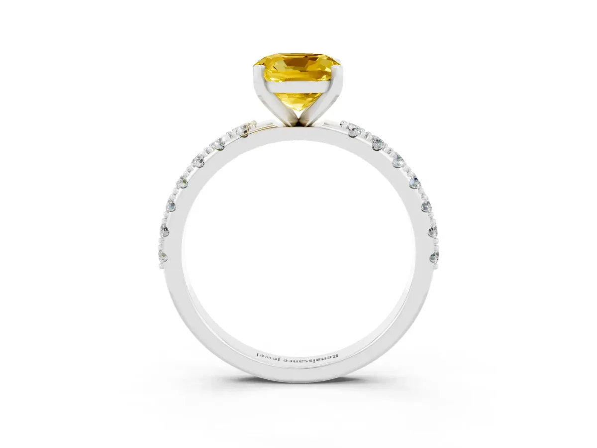 Cushion Cut Yellow Sapphire Solitaire Pavé Band with Four-Prong Setting Silver