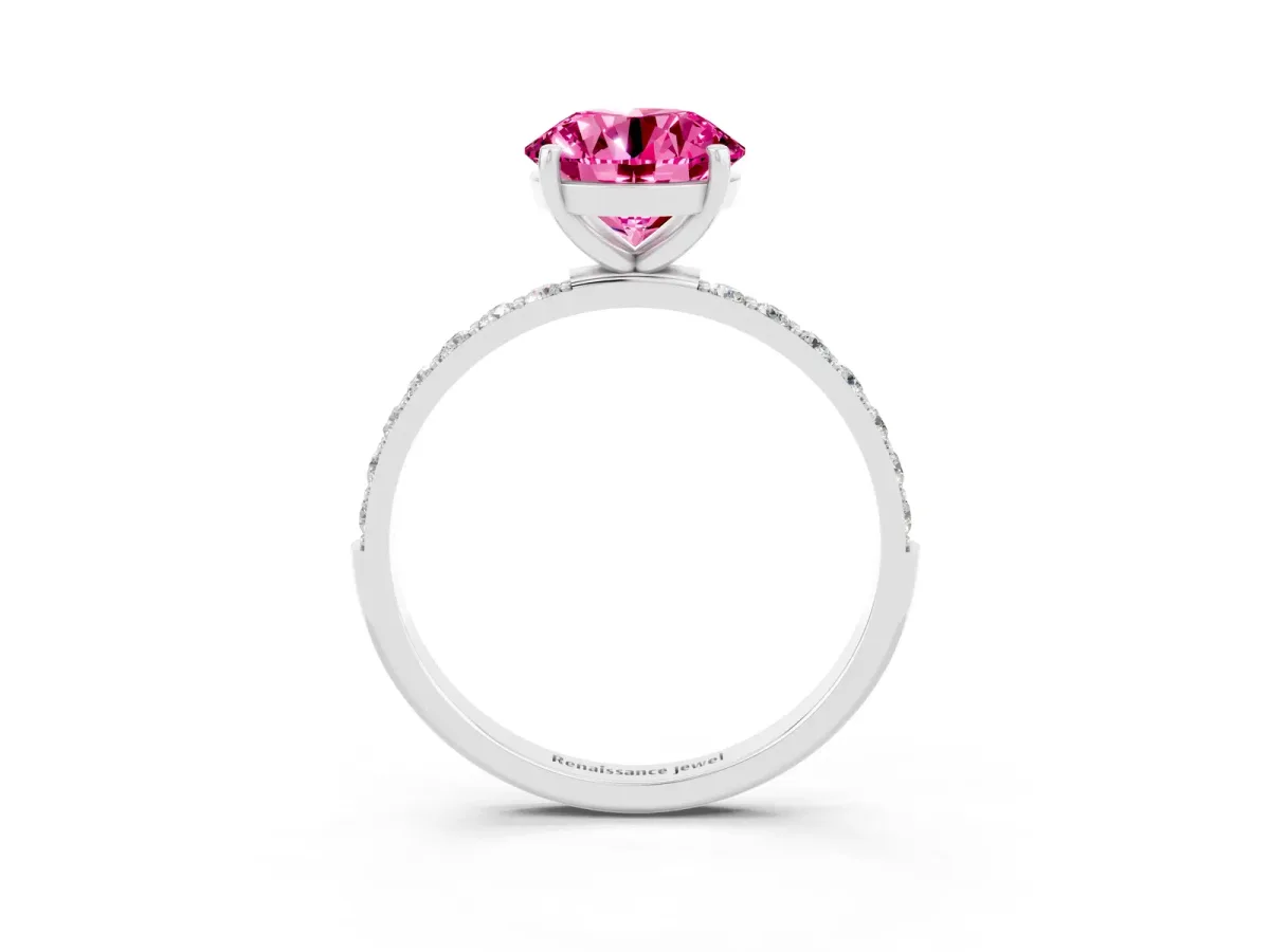 Round Cut Pink Sapphire Solitaire Ring with Round Pavé Band and Prong Setting Silver