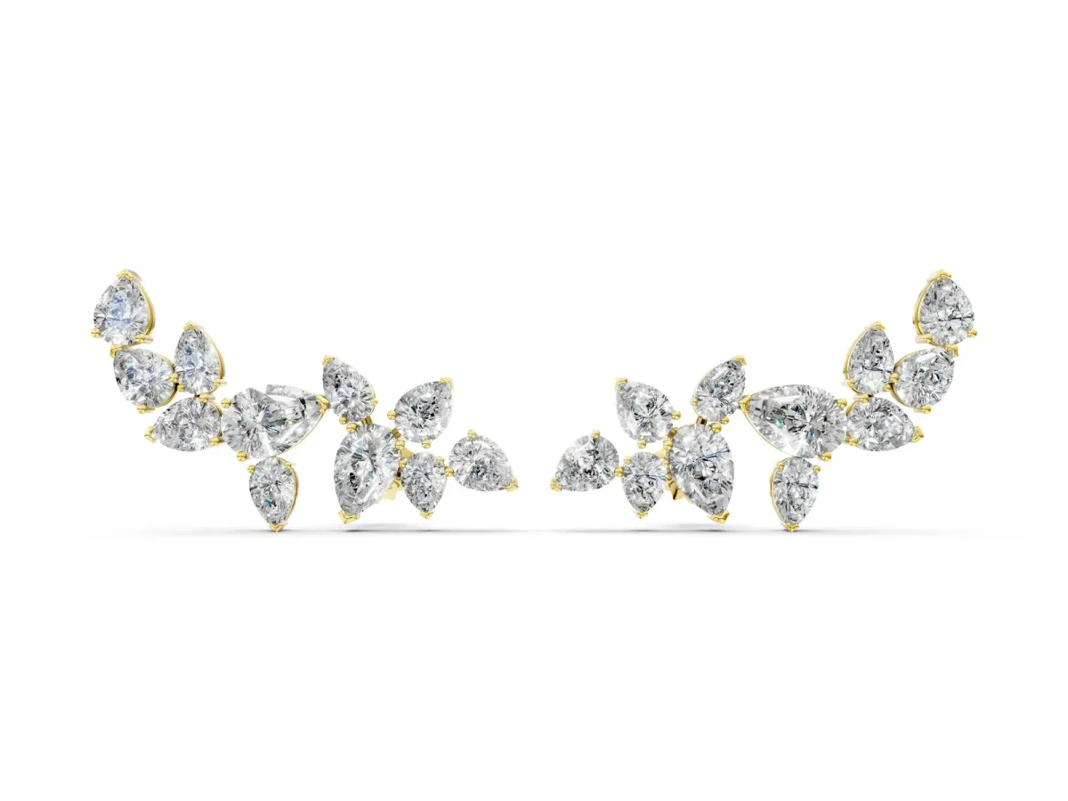 Pear Diamond Curved Cluster Climber Earrings Yellow gold