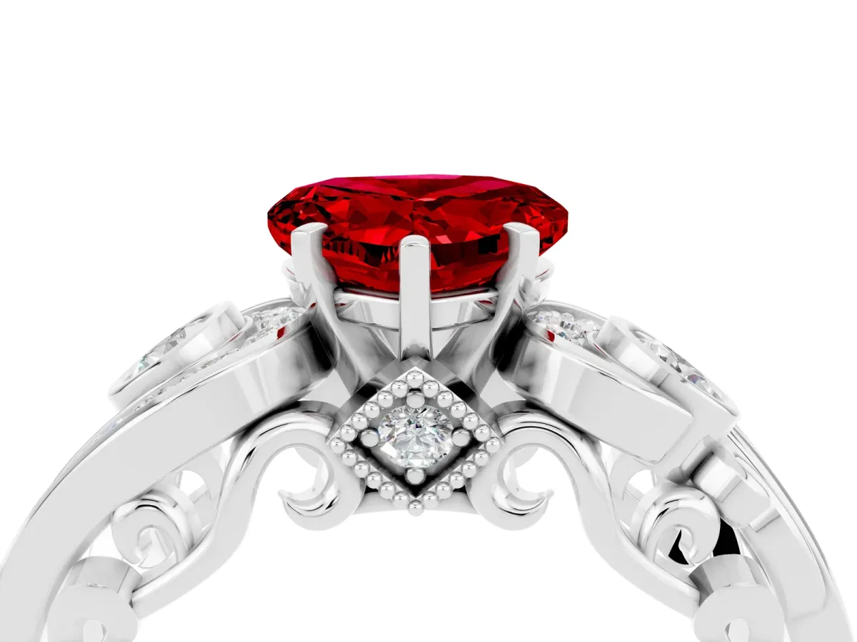 Heart Cut Ruby Solitaire Ring with Milgrain Pavé Band and Four-Prong Setting White gold