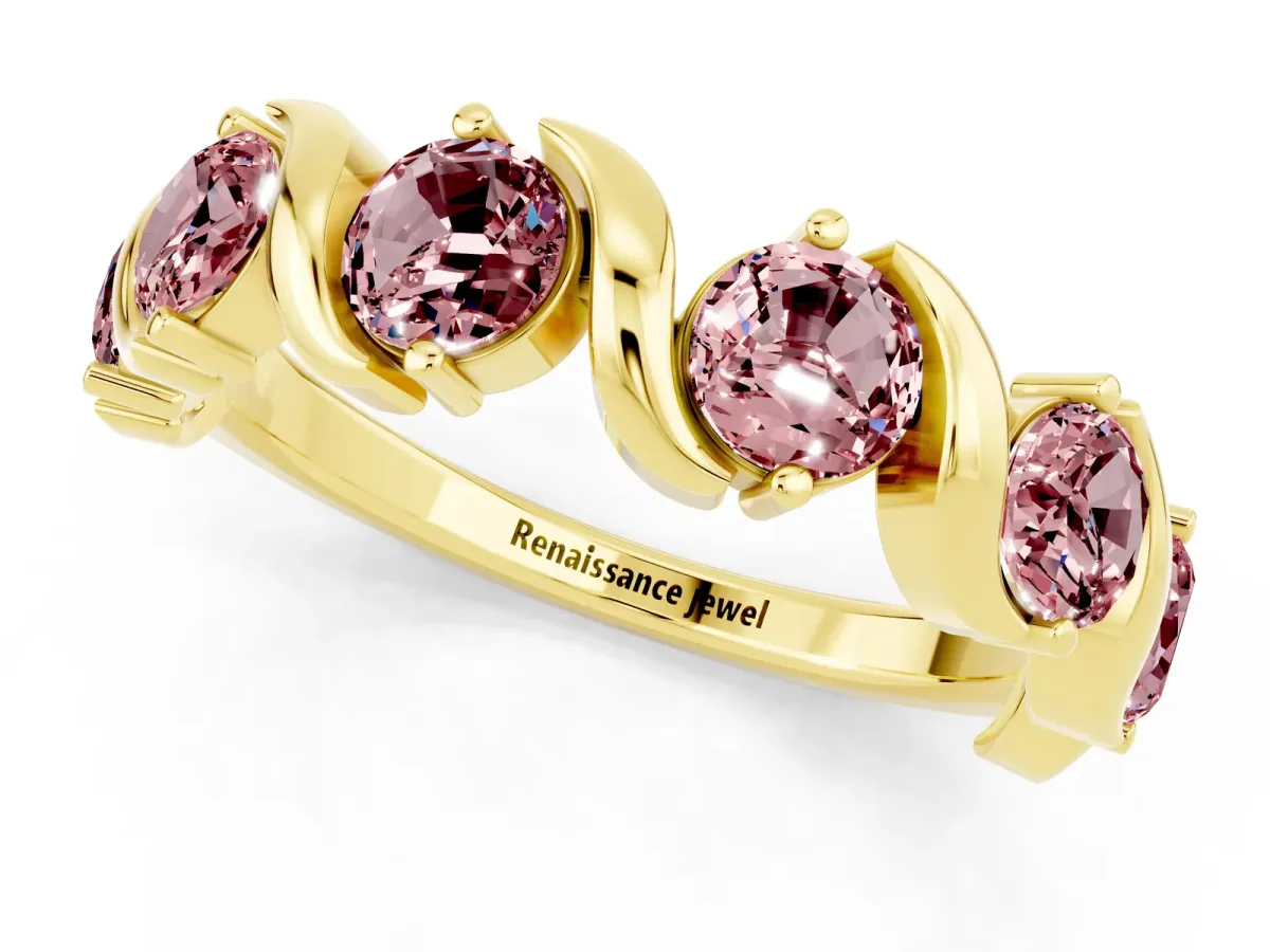 Round Morganite Half Eternity Band with Wave Prong Setting Yellow gold