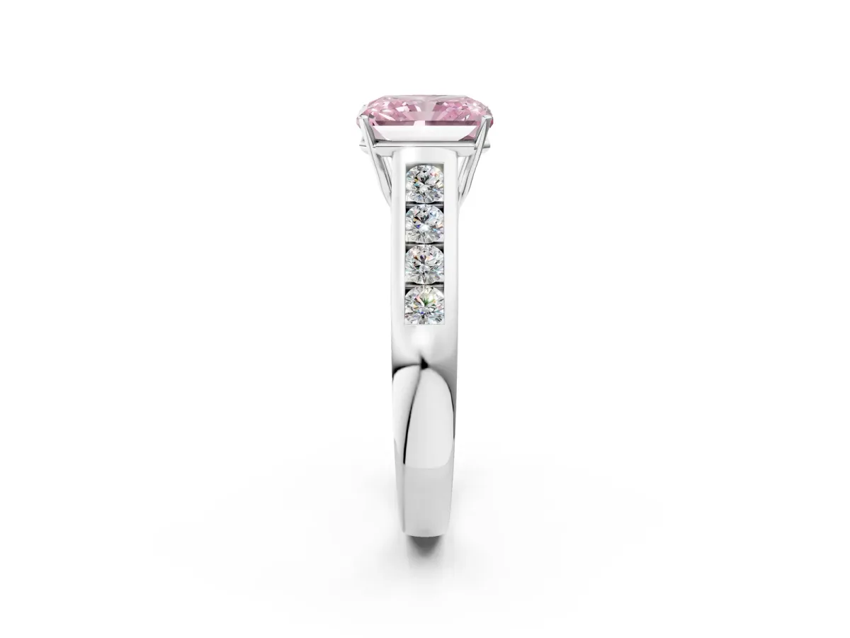 Fancy Pink Radiant Cut Brilliant Channel-Set Solitaire Ring with Four-Prong Setting Platinum