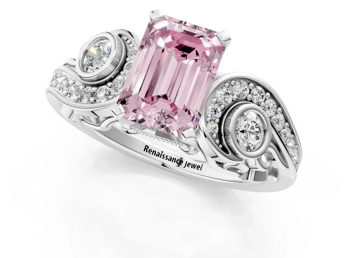 Fancy Pink Emerald Cut Diamond Solitaire Ring with Milgrain Pavé Band and Four-Prong Setting Silver