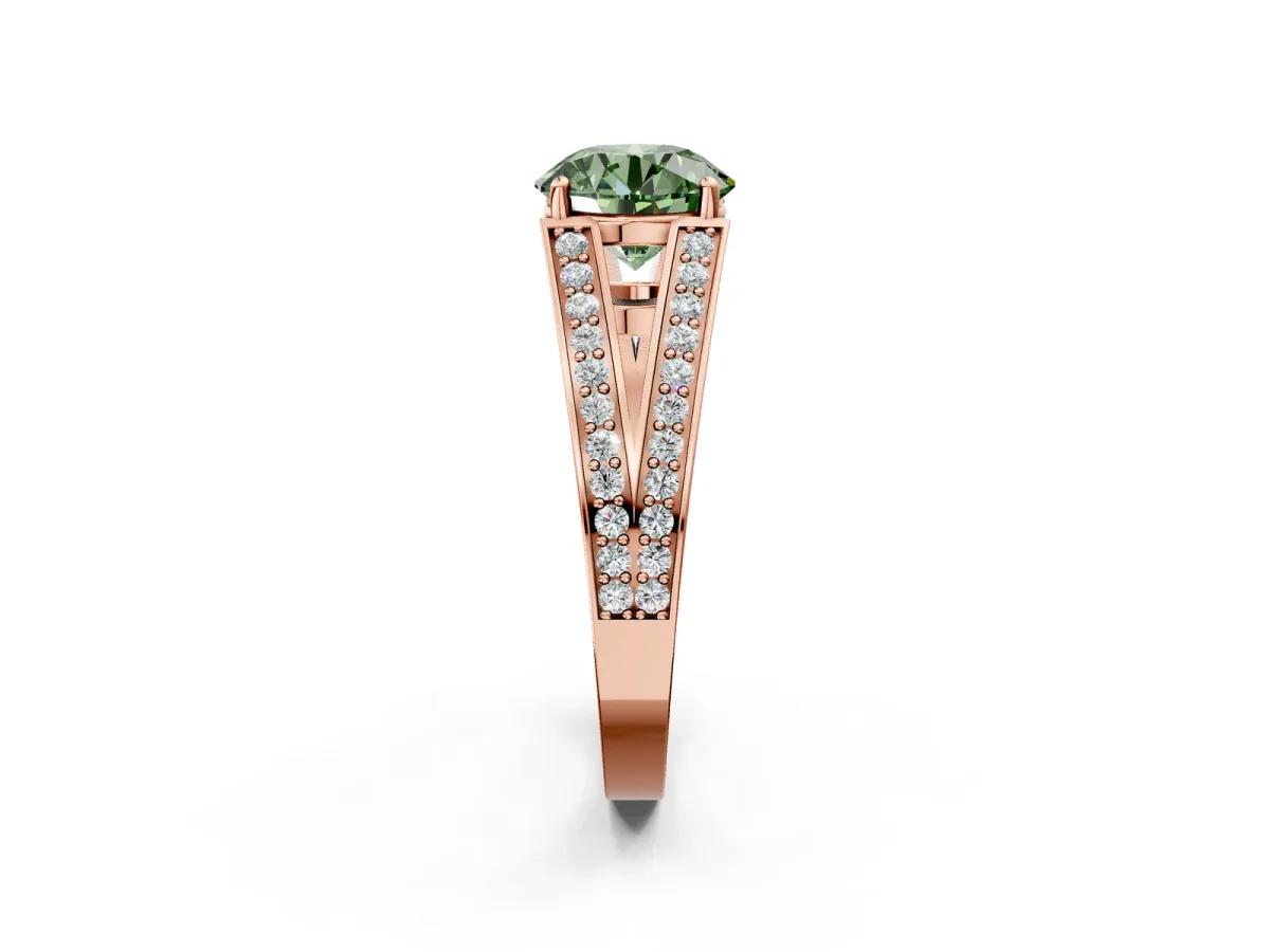 Fancy Green Round Cut Diamond Split Shank Ring with Pavé Band and Four-Prong Setting Rose gold