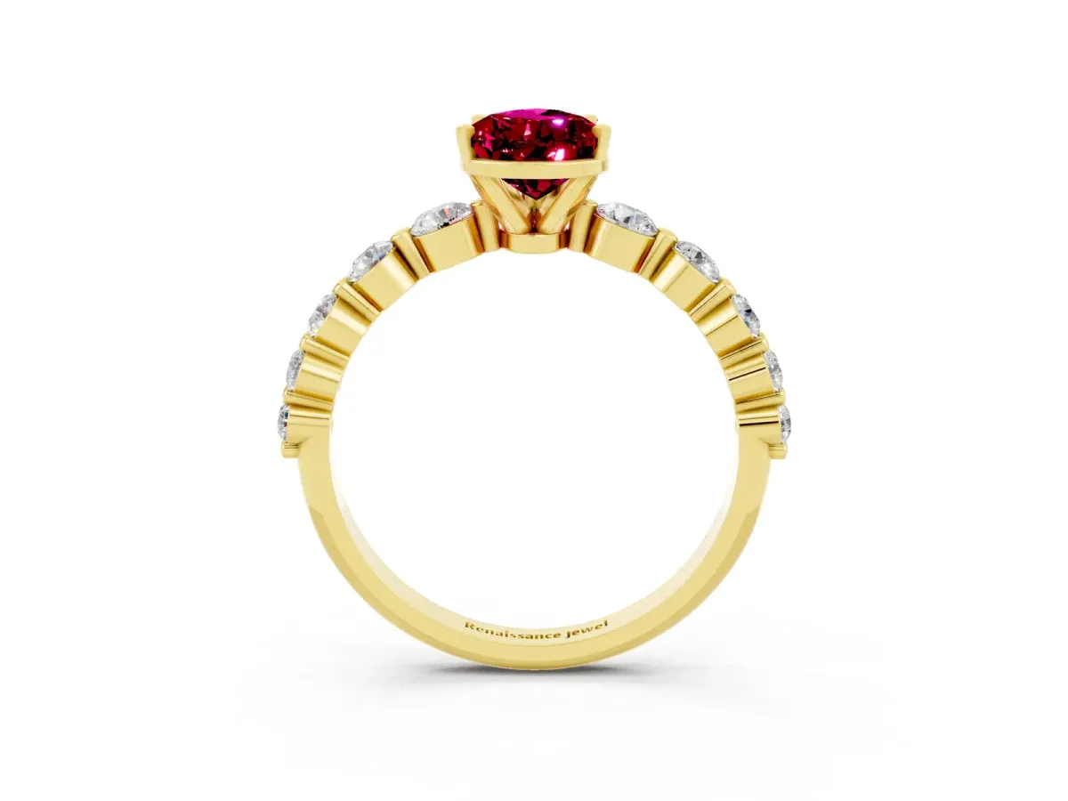 Pear Cut Solitaire Garnet Ring with Pave Band and Four-Prong Setting Yellow gold