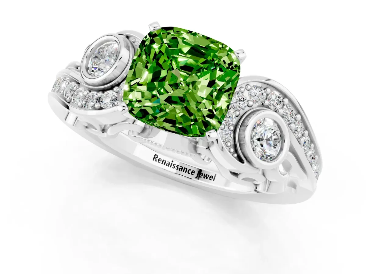 Cushion Cut Peridot Solitaire Ring with Milgrain Pavé Band and Four-Prong Setting Silver