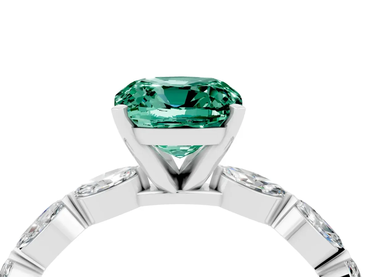 Cushion Cut Green Sapphire Ring with Marquise Side Stones and Prong Setting Platinum