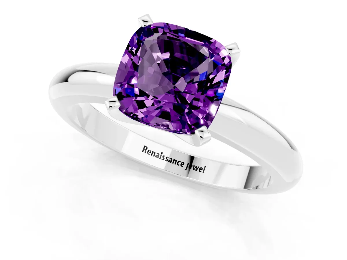 Cushion Cut Amethyst Solitaire Engagement Ring with Round Band and Four-Prong Setting Silver