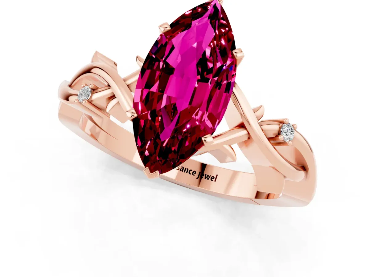 Marquise Cut Garnet Solitaire Ring with Twisted Band and Prong Setting Rose gold