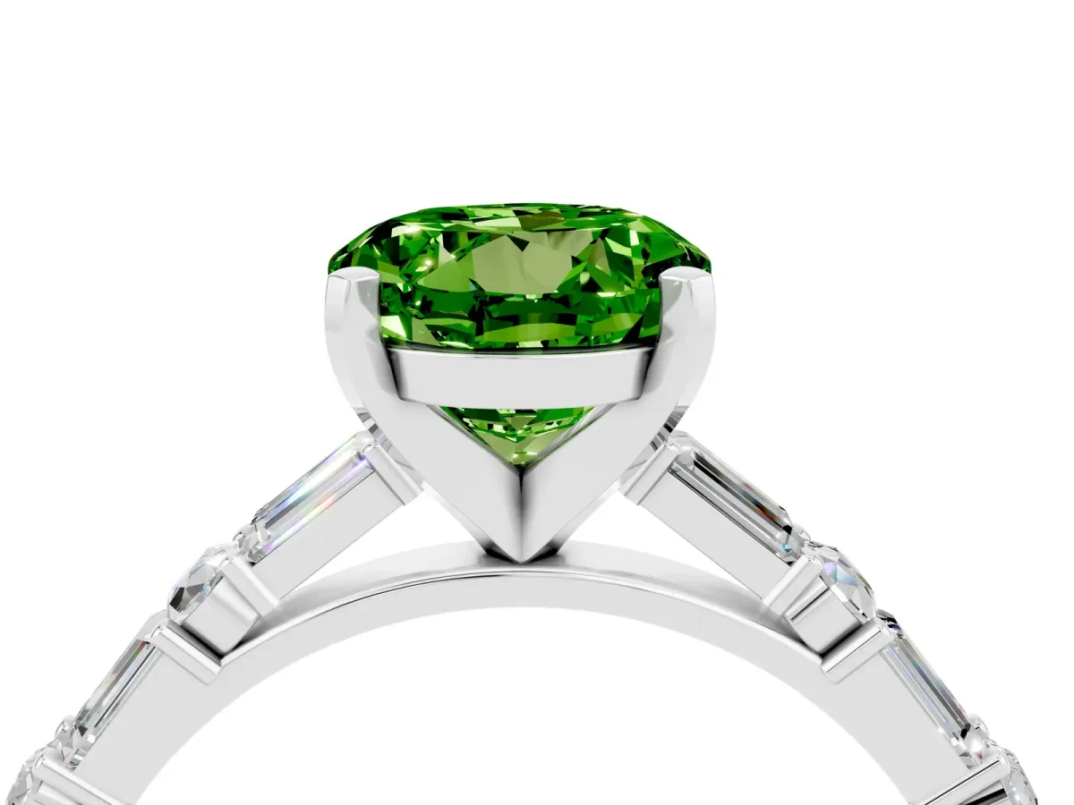 Round Cut Peridot Solitaire with Side Baguettes and Channel Set Band Platinum
