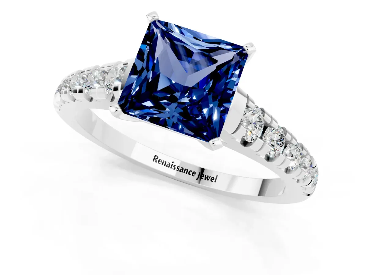 Princess Cut Blue Sapphire Cathedral Solitaire Ring with Round Pavé Band Silver