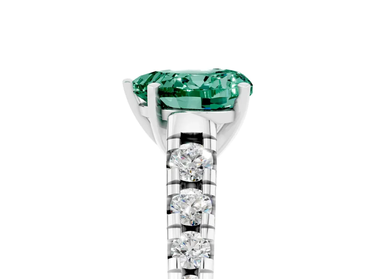 Heart Cut Green Sapphire Cathedral Solitaire Ring with Round Pavé Band Silver
