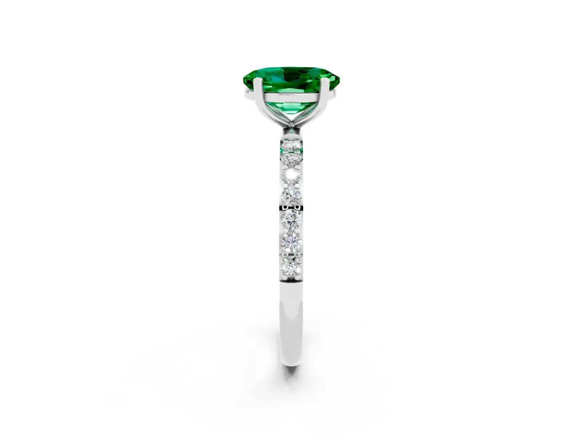 Oval Cut Emerald Solitaire Ring with Round Pavé Band and Prong Setting Platinum