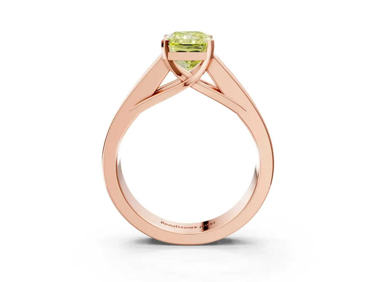 Fancy Yellow Radiant Cut Cut Channel Set Solitaire Ring with Four-Prong Setting Rose gold