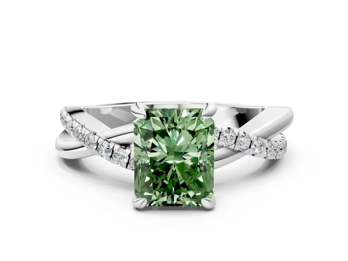 Fancy Green Radiant Cut Cut Twist Band Solitaire Diamond Ring with Pavé Setting Platinum