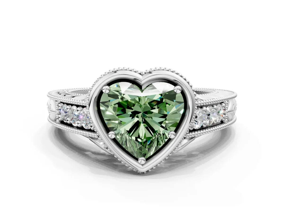 Fancy Green Bezel Set Heart Cut Diamond Milgrain Pave Engagement Ring Platinum