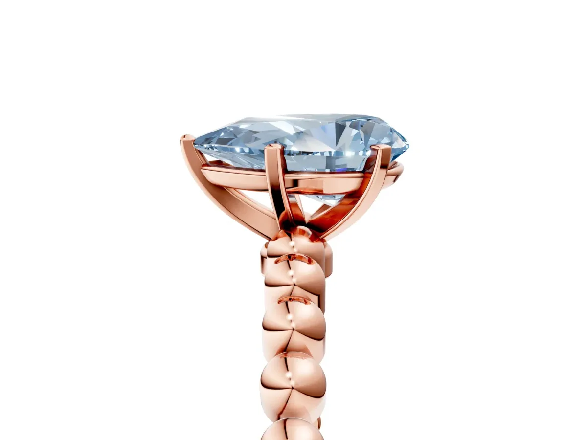 Fancy Blue Pear Cut Diamond Solitaire Ring with Beaded Band and Prong Setting Rose gold