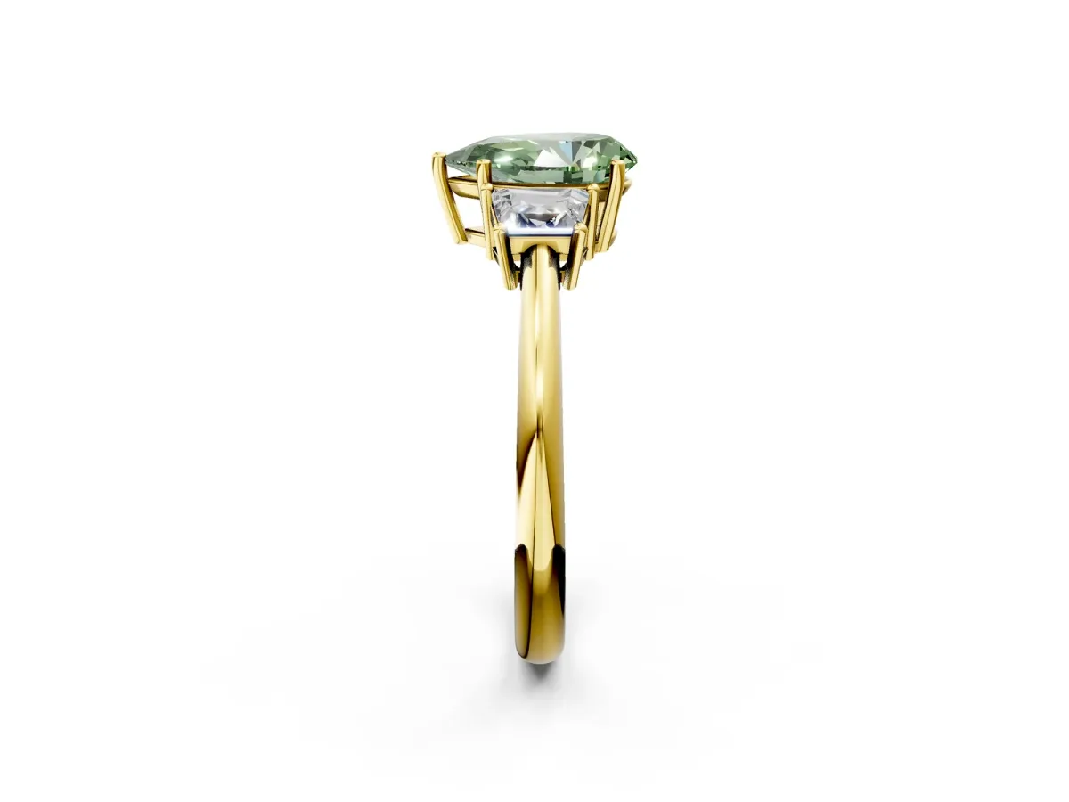 Fancy Green Pear Cut Diamond Three-Stone Ring with Trapezoid Side Stones and Prong Setting Yellow gold