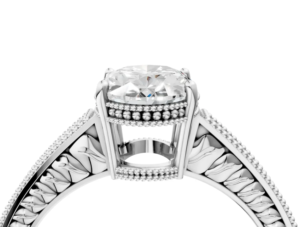 Oval Cut Diamond Engagement Ring with Milgrain Channel Set Band and Prong Setting Platinum