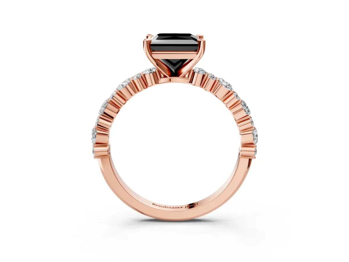 Fancy Black Princess Cut Diamond Side Stone Solitaire Ring with Round and Four-Prong Setting Rose gold