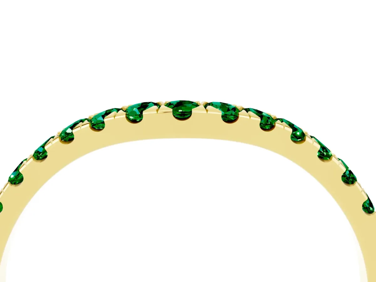Curved Pavé Round Emerald Wedding Band with Shared Prong Setting Yellow gold