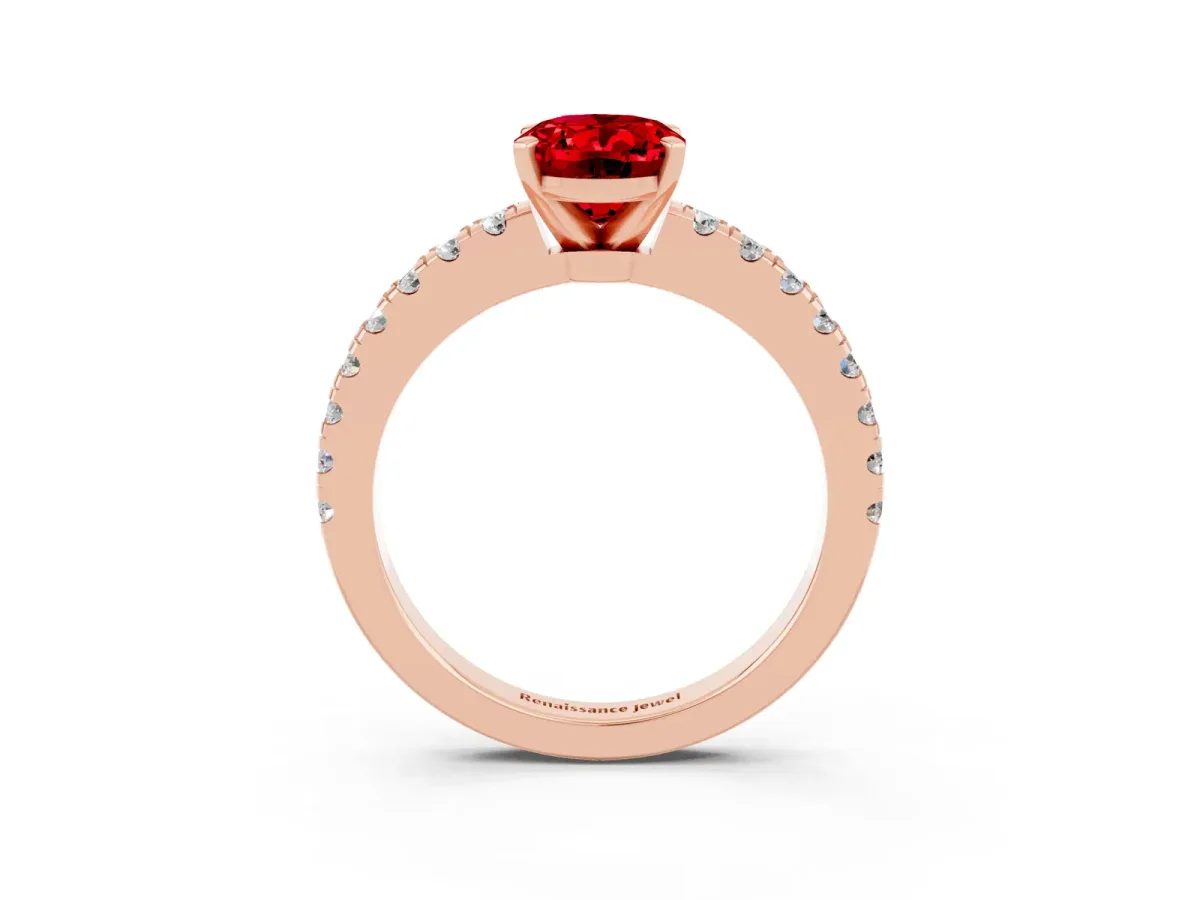 Oval Cut Solitaire Ruby with Pavé Band and Four-Prong Setting Rose gold