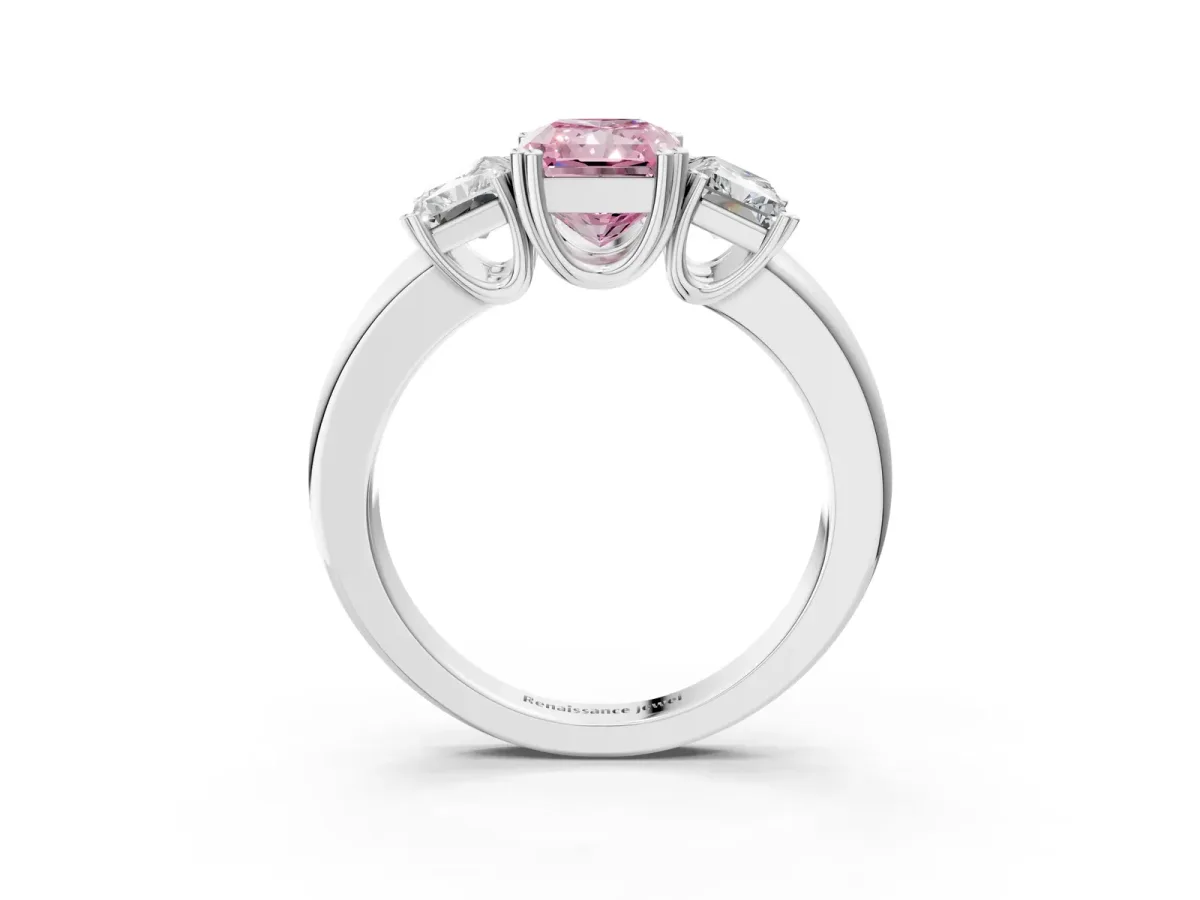 Fancy Pink Three-Stone Radiant Cut Cut Diamond Ring with Channel Set Band and Four-Prong Setting Silver