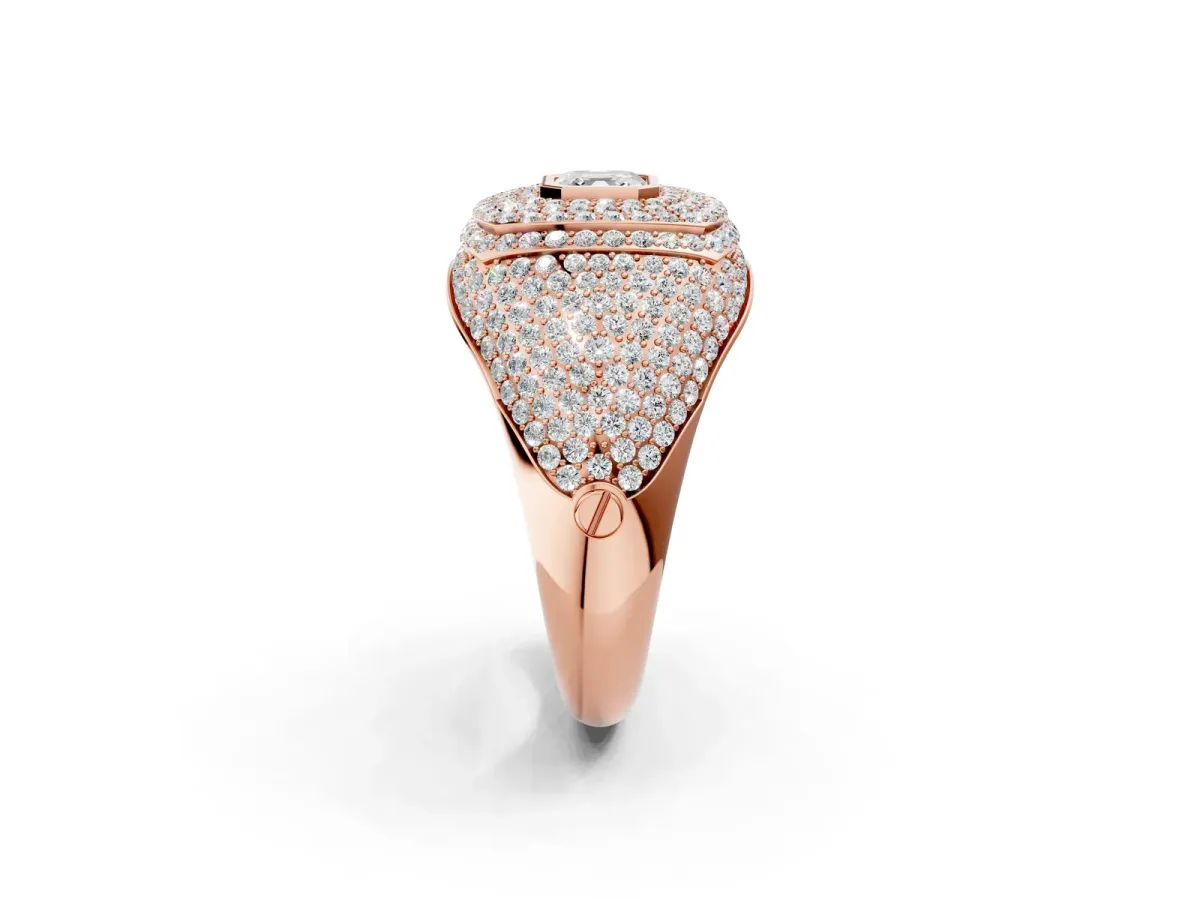 Asscher Cut Diamond Bezel Set Pavé Dome Mens Ring Rose gold