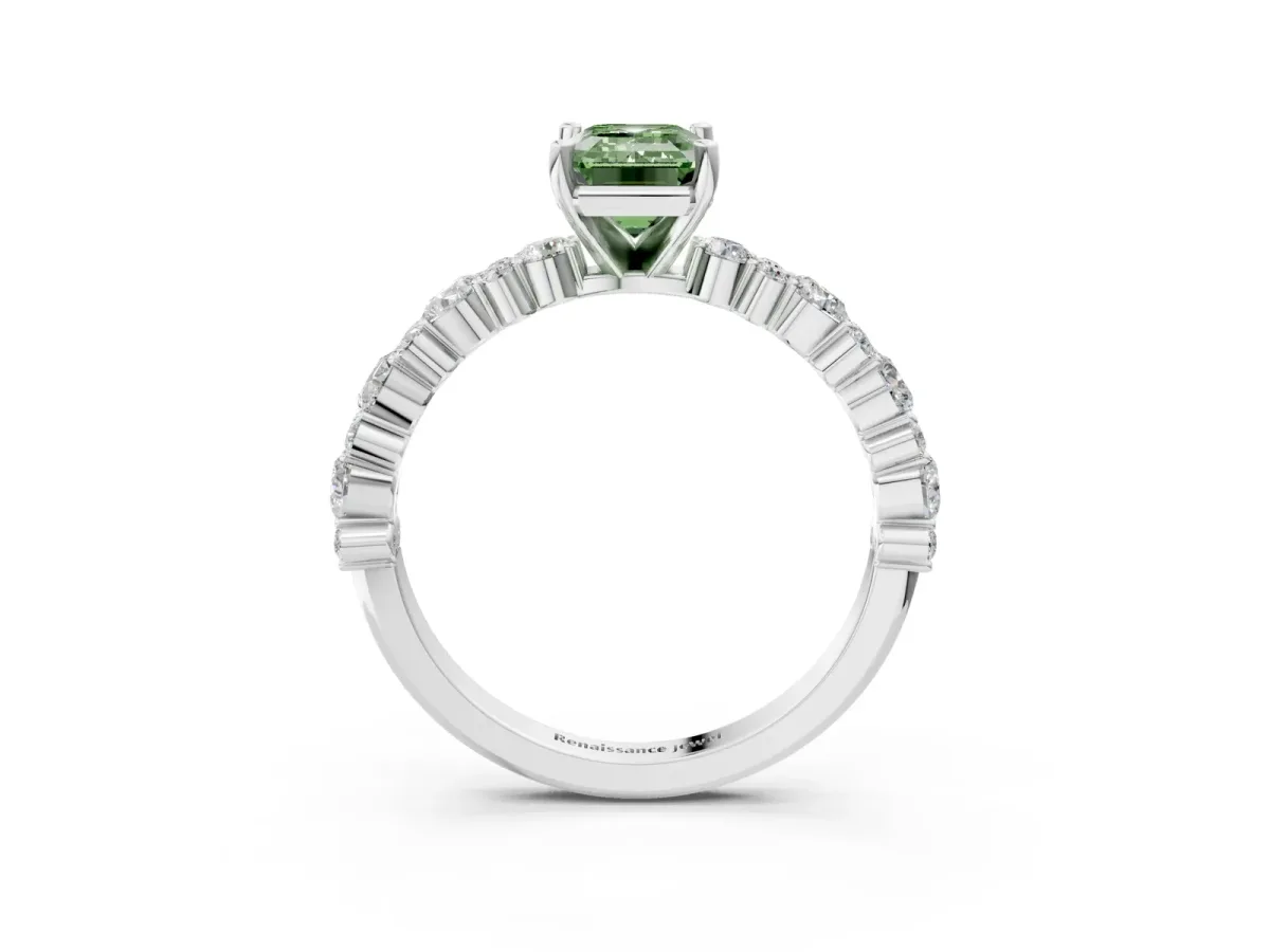 Fancy Green Emerald Cut Diamond Side Stone Solitaire Ring with Round and Four-Prong Setting White gold