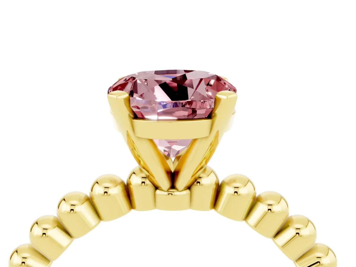 Round Cut Morganite Solitaire Ring with Beaded Band and Prong Setting Yellow gold