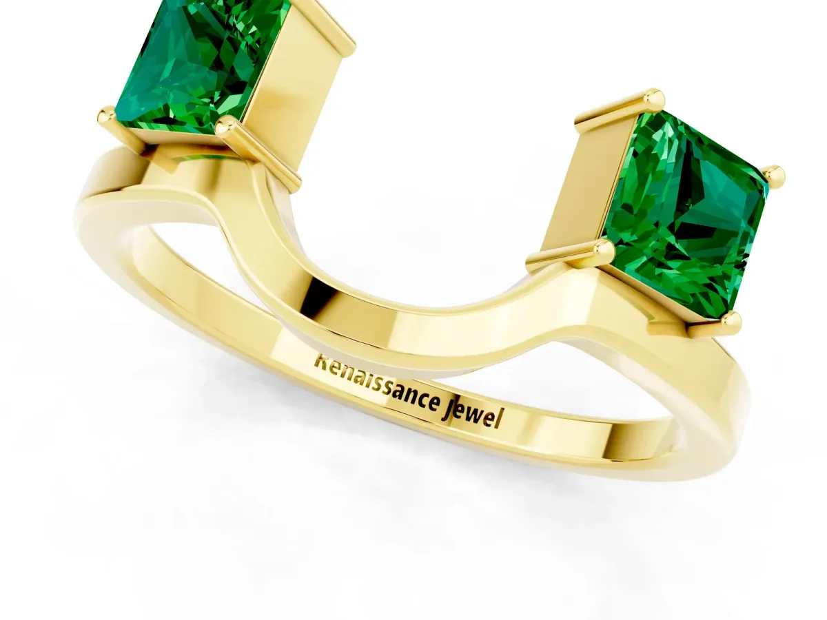 Princess Cut Emerald Two-Stone Open Band Ring with Four-Prong Setting Yellow gold