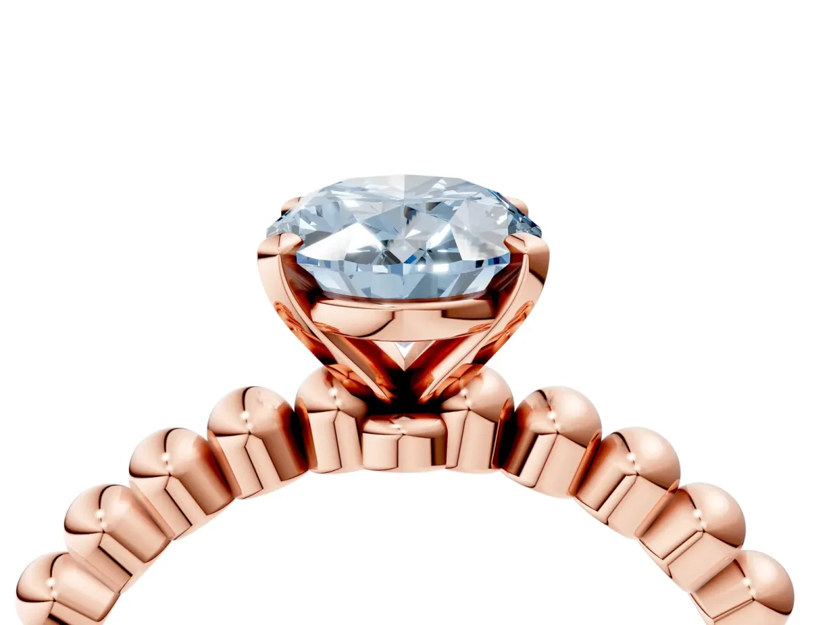 Fancy Blue Oval Cut Diamond Solitaire Ring with Beaded Band and Prong Setting Rose gold