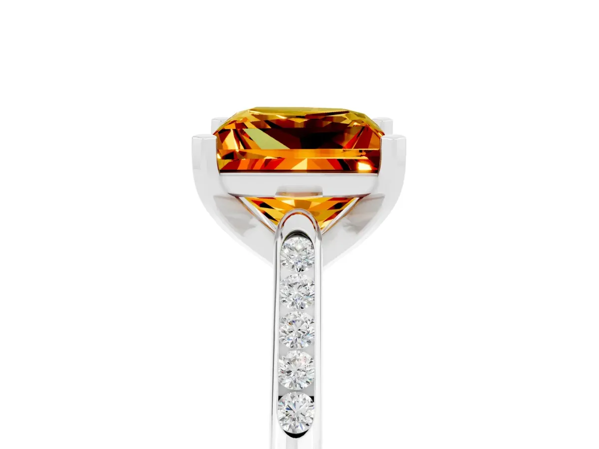 Princess Cut Citrine Solitaire Ring with Channel Set Round Band and Prong Setting Silver