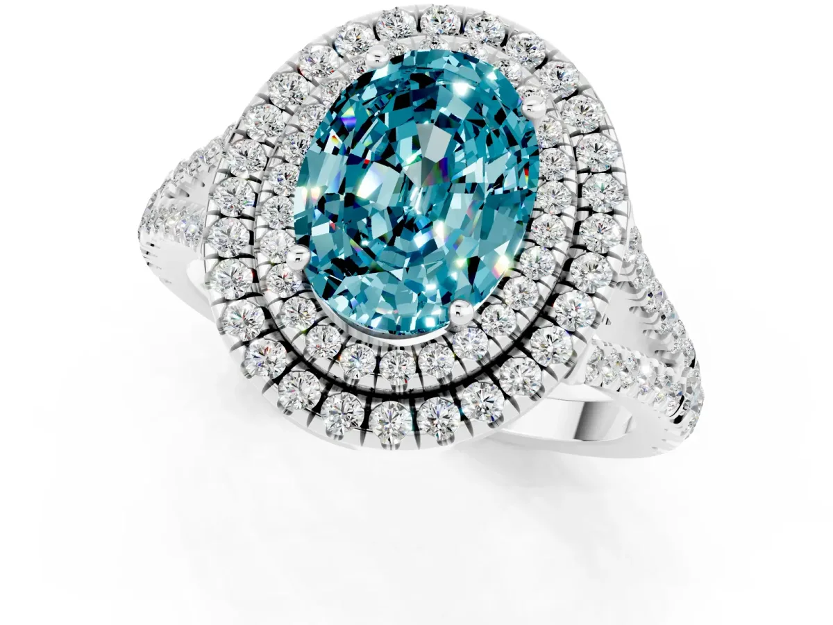 Oval Cut Blue Topaz Double Halo Ring with Pavé Band and Prong Setting Silver