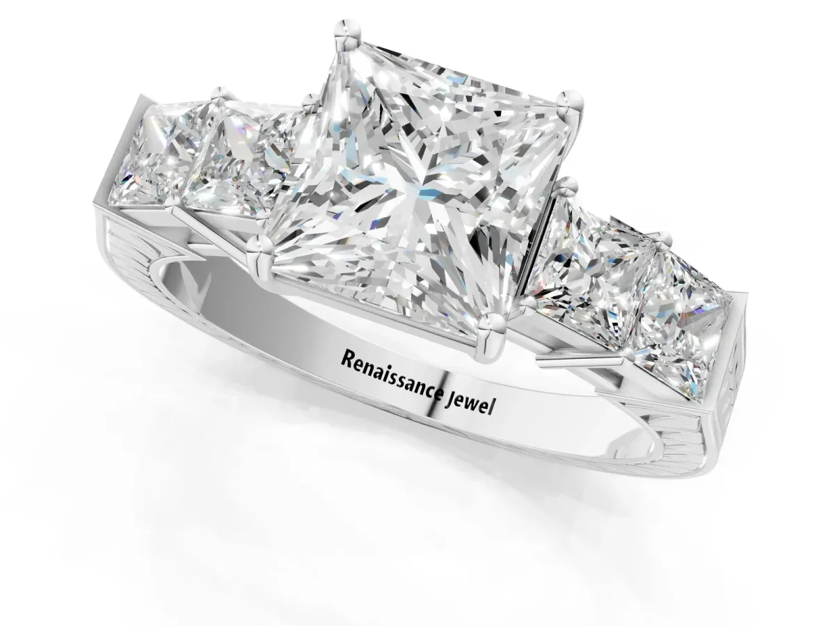Princess Cut Solitaire Princess Side Stone Engraved Band Prong Setting Ring Platinum