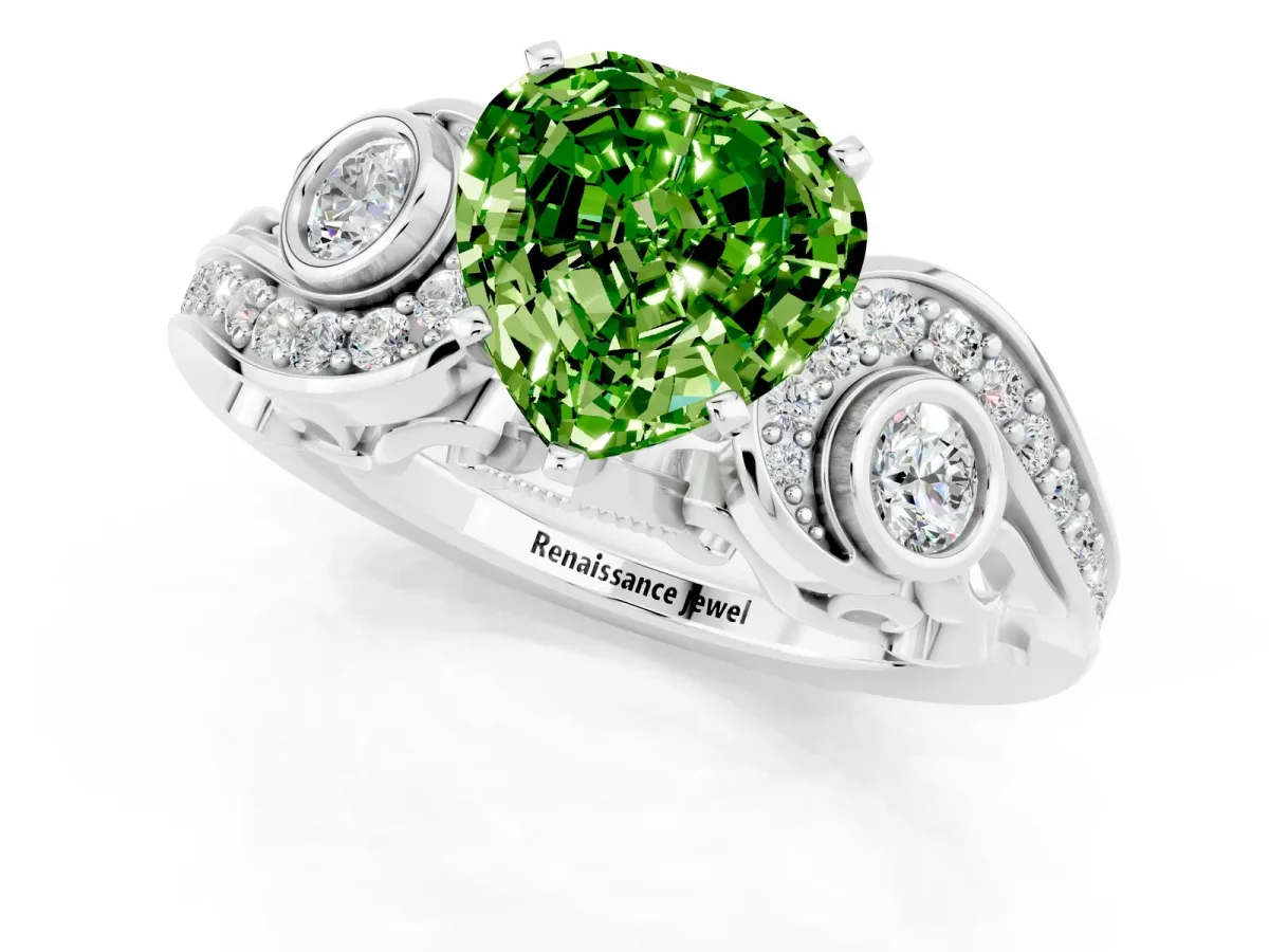 Heart Cut Peridot Solitaire Ring with Milgrain Pavé Band and Four-Prong Setting Silver