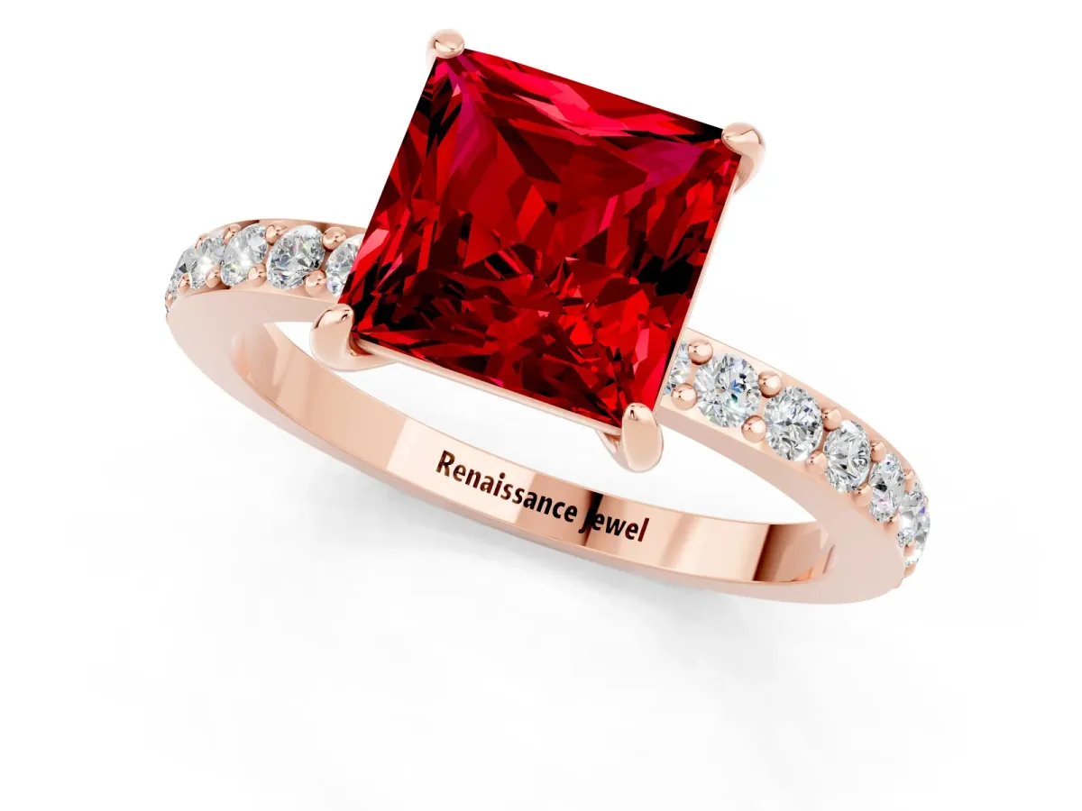 Princess Cut Ruby Solitaire Engagement Ring with Pavé Band and Four-Prong Setting Rose gold