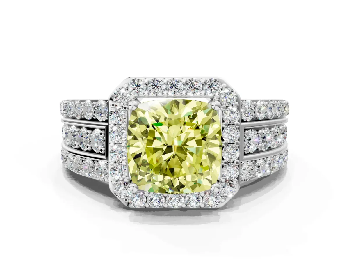 Fancy Yellow Cushion Cut Halo Diamond Ring with Round Split Shank and Prong Setting Silver