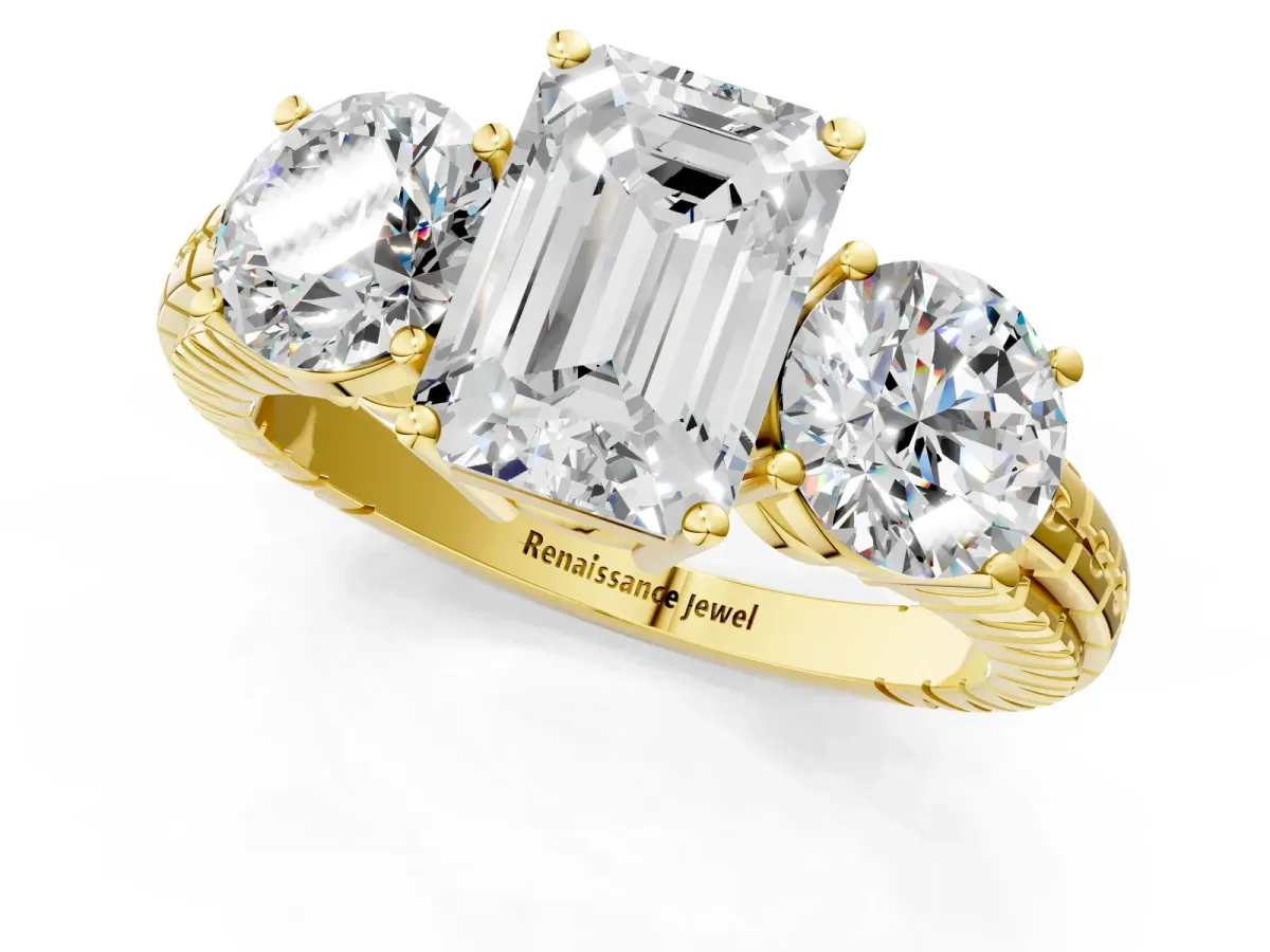 Three-Stone Emerald Cut Cut Diamond Ring with Channel-Set Band and Prong Setting Yellow gold