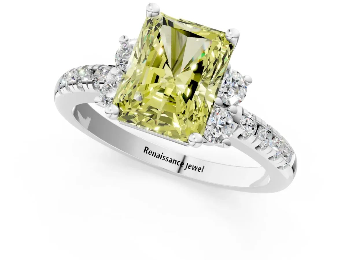 Fancy Yellow Radiant Cut Diamond Three-Stone Pave Band with Four-Prong Setting Platinum
