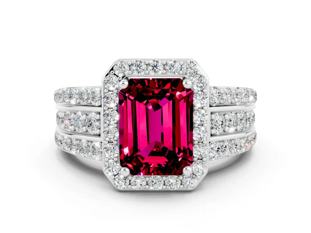 Emerald Cut Halo Garnet Ring with Round Split Shank and Prong Setting Platinum