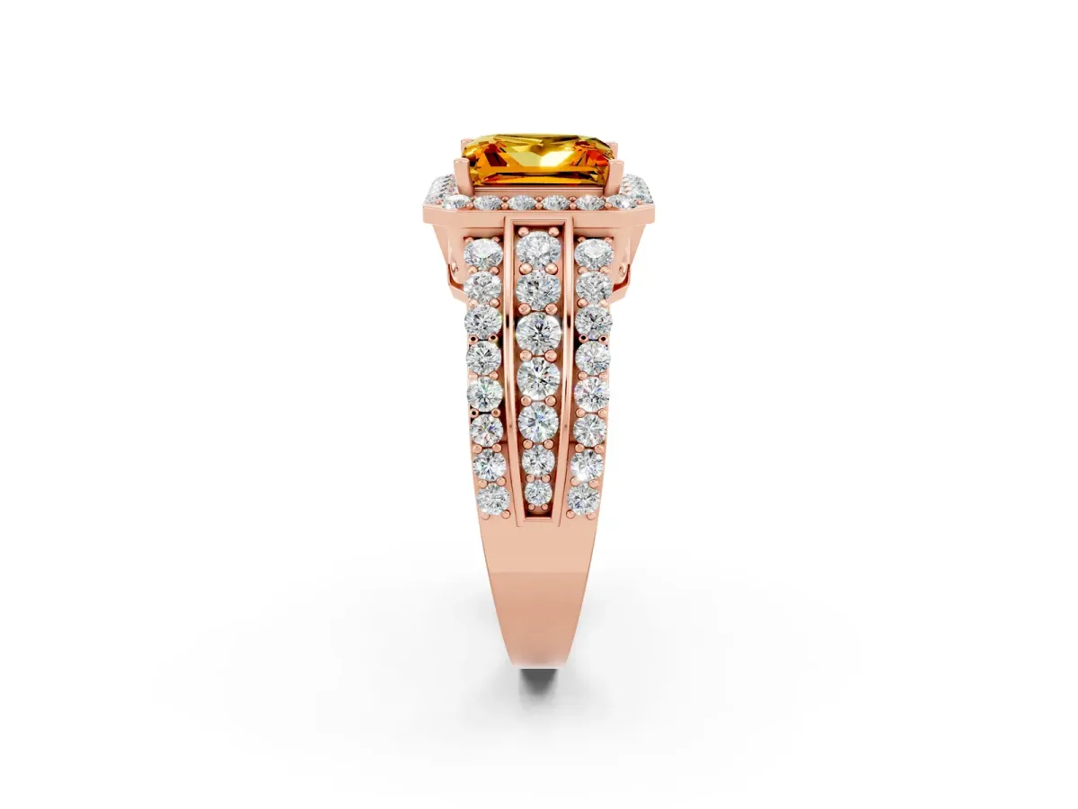 Princess Cut Halo Citrine Ring with Round Split Shank and Prong Setting Rose gold