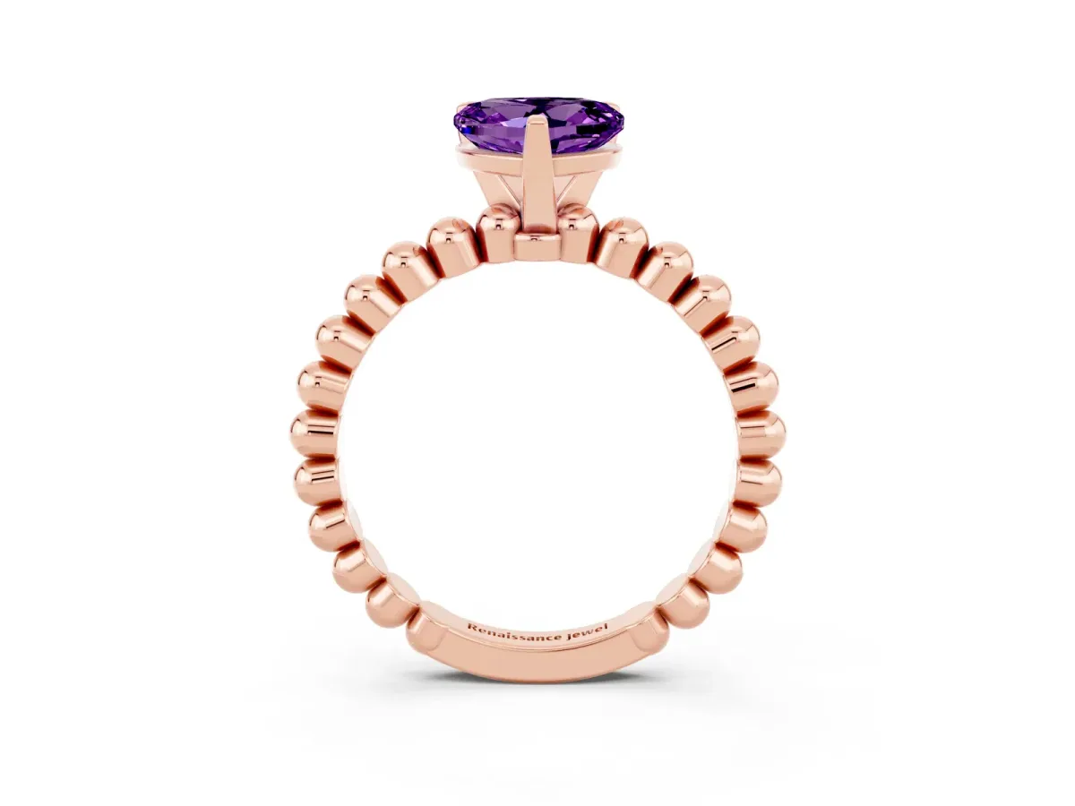 Heart Cut Amethyst Solitaire Ring with Beaded Band and Prong Setting Rose gold