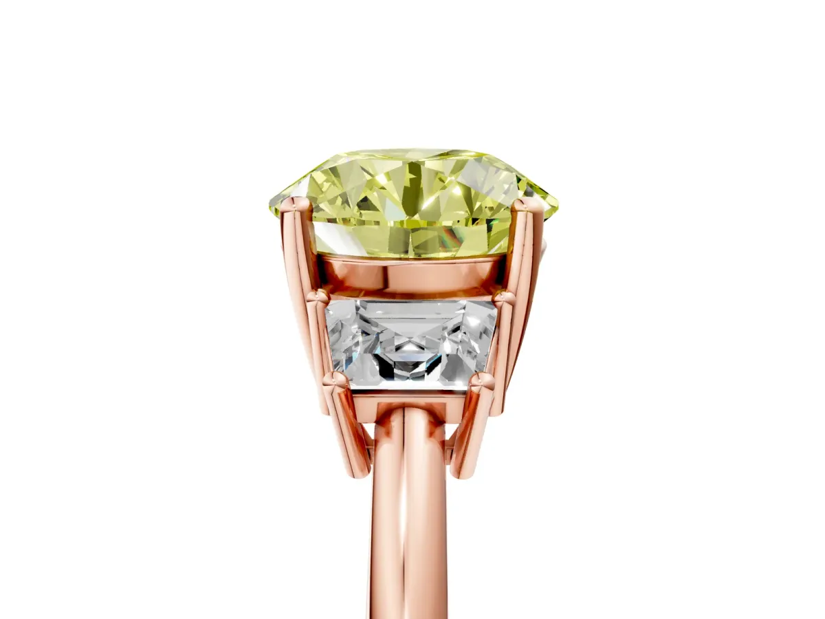 Fancy Yellow Round Cut Diamond Three-Stone Ring with Trapezoid Side Stones and Prong Setting Rose gold