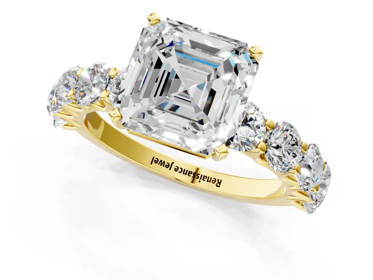 Asscher Cut Diamond Prong Setting with Side Stones on a Pave Band Yellow gold