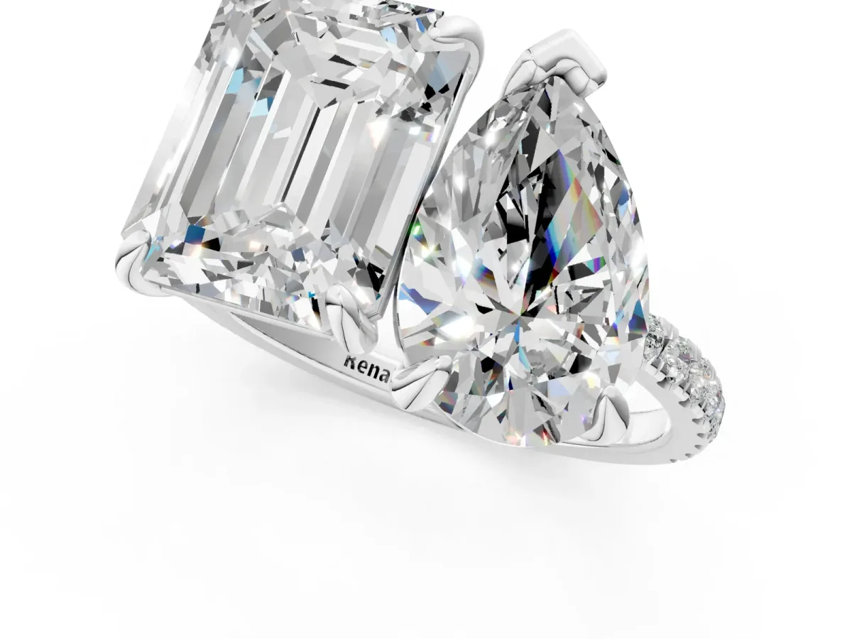 Pear and Emerald Toi Moi Ring with Prong Setting and Pave Band Silver
